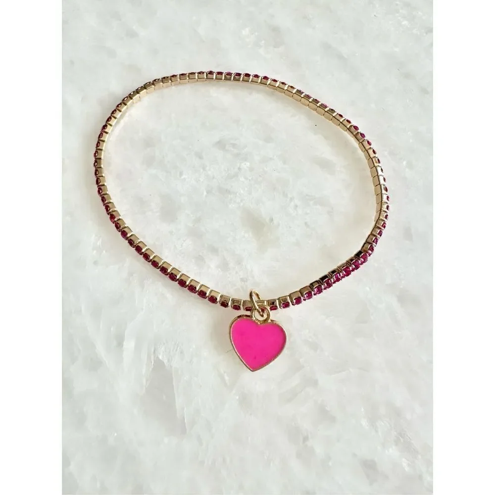 Hot pink enamel heart rhinestone stretch bracelet ￼